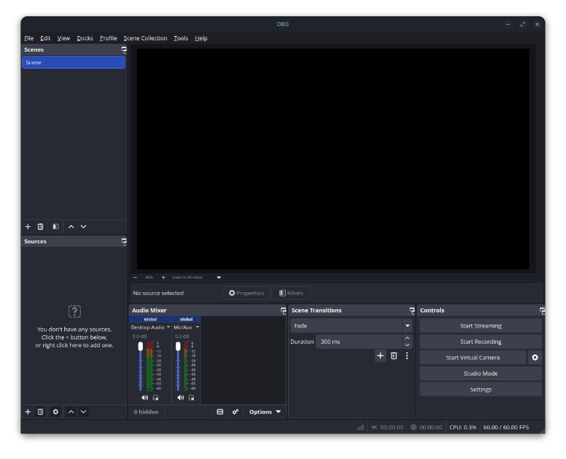 Displays OBS Studio main window graphical user interface